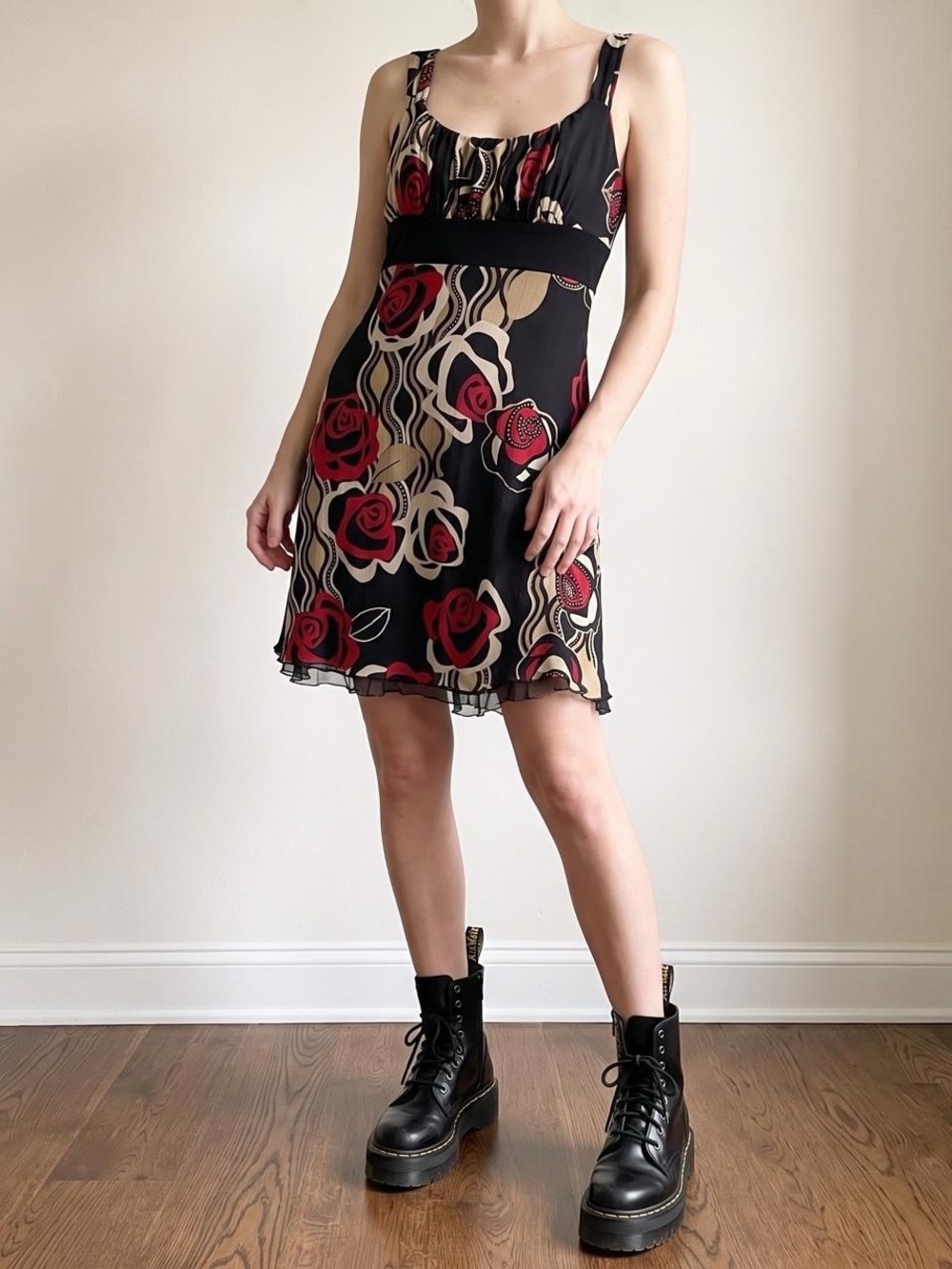 y2k fairy grunge whimsigoth red black floral rose print babydoll tie dress med